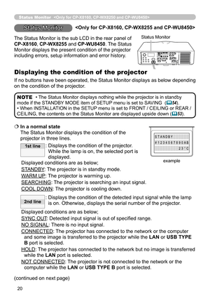 Page 2020
  In a normal state  
The Status Monitor displays the condition of the 
projector in three lines.
:  Displays the condition of the projector. 
While the lamp is on, the selected port is 
displayed.
Displayed conditions are as below;
STANDBY : The projector is in standby mode.
WARM UP: The projector is warming up.
SEARCHING: The projector is searching an input signal.
COOL DOWN:    The projector is cooling down.
:   Displays the condition of the detected input signal while the lamp 
is on. Otherwise,...