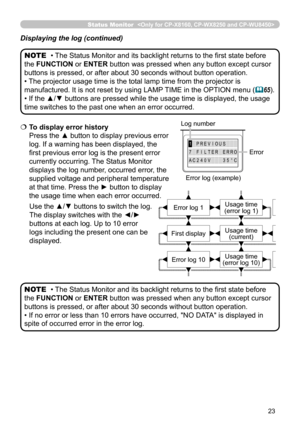 Page 2323
AC240V35°C
7FILTERERRO
1PREVIOUS
  To display error history 
Press the ▲ button to display previous error 
log. If a warning has been displayed, the 
first previous error log is the present error 
currently occurring. The Status Monitor 
displays the log number, occurred error, the 
supplied voltage and peripheral temperature 
at that time. Press the  ► button to display 
the usage time when each error occurred. 
Use the ▲/▼ buttons to switch the log. 
The display switches with the ◄/► 
buttons at...