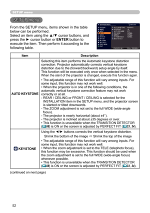 Page 5252
SETUP menu
ItemDescription
AUTO KEYSTONE Selecting this item performs the Automatic keystone distortion 
correction. Projector automatically corrects vertical keystone 
distortion due to the (forward/backward) setup angle by itself.
This function will be executed only once when selected in the menu. 
When the slant of the projector is changed, execute this function again.
• The adjustable range of this function will vary among inputs. For 
some input, this function may not work well.
• When the...