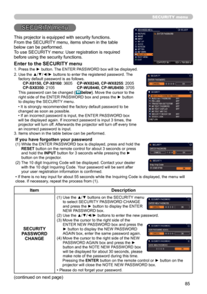 Page 8585
SECURITY menu
This projector is equipped with security functions.
From the SECURITY menu, items shown in the table 
below can be performed.
To use SECURITY menu: User registration is required 
before using the security functions.
Enter to the SECURITY menu
1.  Press the ► button. The ENTER PASSWORD box will be displayed.  
2.   Use the ▲/▼/◄/► buttons to enter the registered password. The 
factory default password is as follows.   
     CP-X8150, CP-X8160 : 3605 CP-WX8240, CP-WX8255 : 2005...