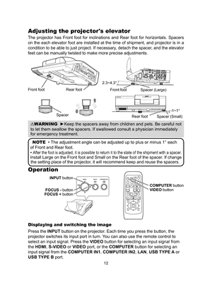 Page 1212
Adjusting the projector's elevator
The  projector  has  Front  foot  for  inclinations  and  Rear  foot  for  horizontals.  Spacers 
on the each elevator foot are installed at the time of shipment, and projector is in a 
condition to be able to just project. If necessary, detach the spacer, and the elevator 
feet can be manually twisted to make more precise adjustments.
Operation
INPUT buttonVIDEODOC.CAMERA
KEYSTONE
ASPECTSEARCH
BLANK
MUTE
MY BUTTON
POSITION
1 2
ESC ENTERMENURESET
COMPUTER
MY...