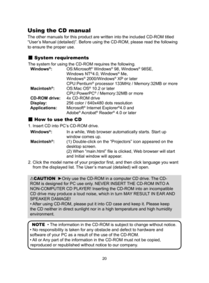 Page 2020
Using the CD manual
The other manuals for this product are written into the included CD-ROM \
titled 
“User’s Manual (detailed)”. Before using the CD-ROM, please read the following 
to ensure the proper use. 
 System requirements
The system for using the CD-ROM requires the following. 
  Windows®:   OS:Microsoft® Windows® 98, Windows® 98SE,  
Windows NT®4.0, Windows® Me,  
Windows® 2000/Windows® XP or later
  CPU:Pentium® processor 133MHz / Memory:32MB or more
  Macintosh®:  OS:Mac OS® 10.2 or later...