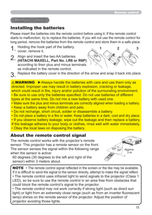 Page 1515
Remote control
Remote control
About the remote control signal
The remote control works with the projector’s remote 
sensor. This projector has a remote sensor on the front.
The sensor senses the signal within the following range 
when the sensor is active:
60 degrees (30 degrees to the left and right of the 
sensor) within 3 meters about.
Installing the batteries
Please insert the batteries into the remote control before using it. If the remote control 
starts to malfunction, try to replace the...