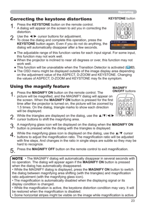 Page 2323
Operating
• The MAGNIFY dialog will automatically disappear in several seconds with 
no operation. The dialog will appear again if the MAGNIFY ON button is pressed 
when the dialog has automatically disappeared.
• While the MAGNIFY dialog is displayed, press the MAGNIFY ON button to switch 
the dialog between magnifying area shifting (with the triangles) and magniﬁcation 
ratio adjustment (with the magnifying glass icon).
• The magniﬁcation is automatically disabled when the displaying signal or its...