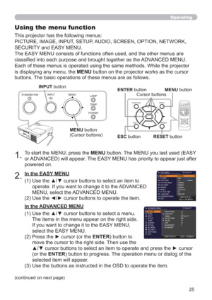 Page 2525
POWERTEMPLAMP MENU INPUT
STANDBY/ON
Operating
1.To start the MENU, press the MENU button. The MENU you last used (EASY 
or ADVANCED) will appear. The EASY MENU has priority to appear just after 
powered on.
Using the menu function
2.
(1)  Use the ▲/▼ cursor buttons to select an item to 
operate. If you want to change it to the ADVANCED 
MENU, select the ADVANCED MENU.
(2)  Use the ◄/► cursor buttons to operate the item. This projector has the following menus:  
PICTURE, IMAGE, INPUT, SETUP, AUDIO,...