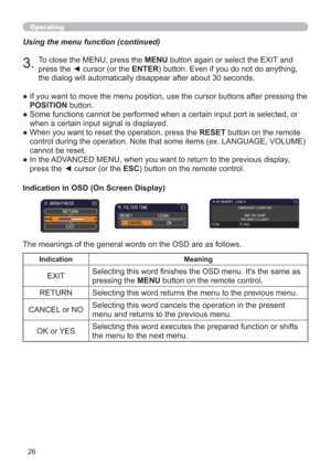 Page 2626
Operating
Using the menu function (continued)
3.To close the MENU, press the MENU button again or select the EXIT and 
press the ◄ cursor (or the ENTER) button. Even if you do not do anything, 
the dialog will automatically disappear after about 30 seconds.
●  If you want to move the menu position, use the cursor buttons after pressing the 
POSITION button.
●  Some functions cannot be performed when a certain input port is selected, or 
when a certain input signal is displayed.
●  When you want to...