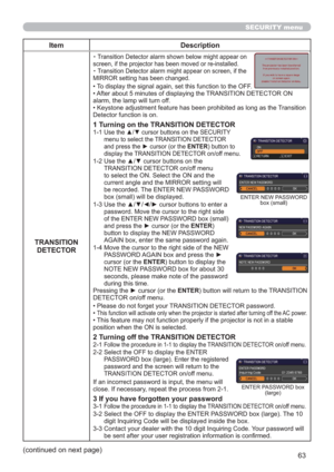 Page 6363
SECURITY menu
Item Description
TRANSITION 
DETECTOR
~Transition Detector alarm shown below might appear on
screen, if the projector has been moved or re-installed.
~ Transition Detector alarm might appear on screen, if the
MIRROR setting has been changed.
• To display the signal again, set this function to the OFF.
• After about 5 minutes of displaying the TRANSITION DETECTOR ON 
alarm, the lamp will turn off.
• Keystone adjustment feature has been prohibited as long as the Transition 
Detector...