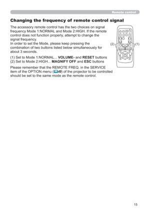 Page 1515
VIDEODOC.CAMERA
KEYSTONE
ASPECT SEARCH
BLANK
MUTE
MY BUTTON
POSITION
12
ESCENTERMENURESET
COMPUTERMY SOURCE/
AUTO
MAGNIFYVOLUME
o ONOFF
9× FREEZE
      FOCUS                             D-ZOOM-           +           -            +
Remote control
Changing the frequency of  remote control signal
The accessory remote control has the two choices on signal 
frequency Mode 1:NORMAL and Mode 2:HIGH. If the remote 
control does not function properly, attempt to change the 
signal frequency.
In order to set...