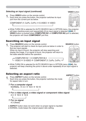 Page 1919
VIDEODOC.CAMERA
KEYSTONE
ASPECT SEARCH
BLANK
MUTE
MY BUTTON12
COMPUTERMY SOURCE/
AUTO
MAGNIFYVOLUME
o ONOFF
9× FREEZE
VIDEODOC.CAMERA
KEYSTONE
ASPECT SEARCH
BLANK
MUTE
MY BUTTON12
COMPUTERMY SOURCE/
AUTO
MAGNIFYVOLUME
o ONOFF
9× FREEZE
      FOCUS                             D-ZOOM-           +           -            +
VIDEODOC.CAMERA
KEYSTONE
ASPECT SEARCH
BLANK
MUTE
MY BUTTON12
COMPUTERMY SOURCE/
AUTO
MAGNIFYVOLUME
o ONOFF
9× FREEZE
Operating
1.
Press VIDEO button on the remote control.  
Each...