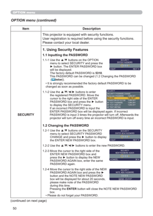 Page 5050
OPTION menu
OPTION menu (continued)
Item Description
SECURITYThis projector is equipped with security functions.
User registration is required before using the security functions.
Please contact your local dealer.
1. Using Security Features
1.1 Inputting the PASSWORD
1.1-1  Use the ▲/▼ buttons on the OPTION 
menu to select SECURITY and press the 
► button. The ENTER PASSWORD box 
will be displayed. 
The factory default PASSWORD is 5310. 
This PASSWORD can be changed (1.2 Changing the PASSWORD 
 (...