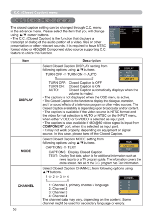 Page 5858
C.C. (Closed Caption) menu
The closed caption setting can be changed through C.C. menu 
in the advance menu. Please select the item that you will change 
using ▲/▼ cursor buttons.
• The C.C. (Closed Caption) is the function that displays a 
transcript or dialog of the audio portion of a video, ﬁles or other 
presentation or other relevant sounds. It is required to have NTSC 
format video or 480i@60 Component video source supporting C.C. 
feature to utilize this function.
C.C. (Closed Caption) menu...