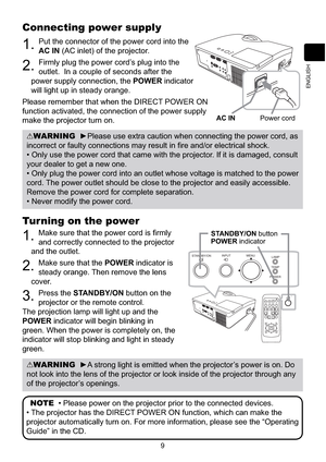 Page 1079
ENGLISH
Turning on the power
1.0DNHVXUHWKDWWKHSRZHUFRUGLV¿UPO\
and correctly connected to the projector 
and the outlet.
2.Make sure that the POWER indicator is 
steady orange. Then remove the lens 
cover.
3.Press the STANDBY/ON button on the 
projector or the remote control.
The projection lamp will light up and the 
POWER indicator will begin blinking in 
green. When the power is completely on, the 
indicator will stop blinking and light in steady 
green.VIDEODOC.CAMERA
KEYSTONE
ASPECT...