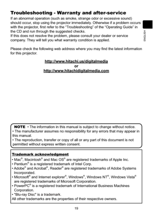 Page 11719
ENGLISH
Troubleshooting - Warranty and after-ser vice
If an abnormal operation (such as smoke, strange odor or excessive sound) 
VKRXOGRFFXUVWRSXVLQJWKHSURMHFWRULPPHGLDWHO\2WKHUZLVHLIDSUREOHPRFFXUV
ZLWKWKHSURMHFWRU