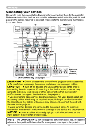 Page 1910
Setting up
Connecting your devices
Be sure to read the manuals for devices before connecting them to the projector. 
Make sure that all the devices are suitable to be connected with this product, and 
prepare the cables required to connect. Please refer to the following illustrations 
to connect them.
►Do not disassemble or modify the projector and accessories.
►Be careful not to damage the cables, and do not use damaged cables. WARNING
►Turn off all devices and unplug their power cords prior to...