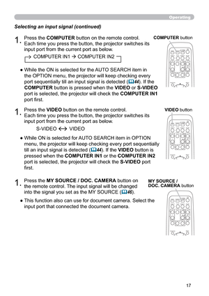 Page 2617
VIDEODOC.CAMERA
KEYSTONE
ASPECT SEARCH
BLANK
MUTE
MY BUTTON
POSITION
12
MENU
COMPUTERMY SOURCE/AUTO
MAGNIFYPAGE
      UPVOLUME
DOWNo ONOFF
9× FREEZE
Operating
3UHVVWKHVIDEOEXWWRQRQWKHUHPRWHFRQWURO

LQSXWSRUWIURPWKHFXUUHQWSRUWDVEHORZ Selecting an input signal (continued)
” :KLOH21LVVHOHFWHGIRU$8726($5&+LWHPLQ237,21

WLOODQLQSXWVLJQDOLVGHWHFWHG
	44,IWKHVIDEOEXWWRQLV
SUHVVHGZKHQWKHCOMPUTER IN1 RUWKHCOMPUTER IN2...