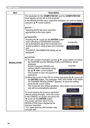 Page 4334
INPUT menu
Item Description
RESOLUTION7KHUHVROXWLRQIRUWKHCOMPUTER IN1DQGWKHCOMPUTER IN2
LQSXWVLJQDOVFDQEHVHWRQWKLVSURMHFWRU
\
XVLQJWKHxzFXUVRUEXWWRQV
v$872
6HOHFWLQJ$872ZLOOVHWDUHVROXWLRQ
DSSURSULDWHWRWKHLQSXWVLJQDO
v67$1$5
3UHVVLQJWKHyFXUVRURUWKHENTEREXWWRQ
ZKHQVHOHFWLQJD67$1$5UHVROXWLRQ
ZLOODXWRPDWLFDOO\DGMXVWWKHKRUL]RQWDODQG
YHUWLFDOSRVLWLRQVFORFNSKDVHDQGKRUL]RQWDO
VL]H
7KH,1387B,1)250$7,21GLDORJZLOOEH
GLVSOD\HG...