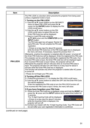 Page 6051
SECURITY menu
Item Description
PIN LOCK
LQJXVHG
XQOHVVDUHJLVWHUHG&RGHLVLQSXW
1 Turning on the PIN LOCK8VHWKHxzFXUVRUEXWWRQVRQWKH6(&85,7