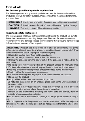 Page 1002
First of  all
Entries and graphical symbols explanation
The following entries and graphical symbols are used for the manuals and the 
product as follows, for safety purpose. Please know their meanings beforehand, 
and heed them.
Important safety instruction
SURGXFW%HVXUHWR
follow them always when handling the product. The manufacturer assumes no 
responsibility for any damage caused by mishandling that is beyond normal usage 
GH