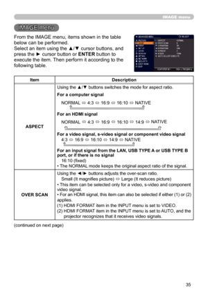 Page 3535
IMAGE menu
IMAGE menu
From the IMAGE menu, items shown in the table 
below can be performed.
Select an item using the ▲/▼ cursor buttons, and 
press the ► cursor button or ENTER button to 
execute the item. Then perform it according to the 
following table.
ItemDescription
ASPECT Using the ▲/▼ buttons switches the mode for aspect ratio. 
For a computer signal
NORMAL  ó 4:3 
ó 16:9 
ó 16:10 
ó NATIVE
          
For an HDMI signal
NORMAL  
ó  
4:3  
ó  
16:9  
ó  
16:10  
ó  
14:9  
ó  NATIVE
 
  
For a...