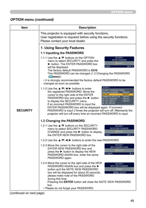 Page 4949
OPTION menu
OPTION menu (continued)
ItemDescription
SECURITY This projector is equipped with security functions.
User registration is required before using the security functions.
Please contact your local dealer.
1. Using Security Features
1.1 Inputting the PASSWORD
1.1-1  
Use the ▲/▼ buttons on the OPTION 
menu to select SECURITY and press the 
► button. The ENTER PASSWORD box 
will be displayed.  
The factory default PASSWORD is 5310 . 
This PASSWORD can be changed (1.2 Changing the PASSWORD 
 (
...