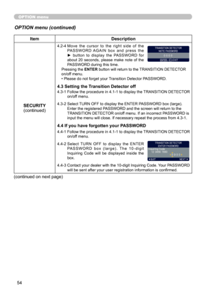 Page 5454
OPTION menu
OPTION menu (continued)
ItemDescription
SECURITY (continued)
4.2-4   Move  the  cursor  to  the  right  side  of  the 
PA S S W O R D   A G A I N   b o x   a n d   p r e s s   t h e 
►  button  to  display  the  PASSWORD  for 
about  20  seconds,  please  make  note  of  the 
PASSWORD during this time.
Pressing the ENTER button will return to the TRANSITION DETECTOR 
on/off menu.
• Please do not forget your Transition Detector PASSWORD.
4.3 Setting the Transition Detector off
4.3-1...