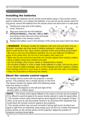 Page 1212
Remote control
Remote control
About the remote control signal
The remote control works with the projector’s remote 
sensor. This projector has a remote sensor on the front.
The sensor senses the signal within the following range 
when the sensor is active:
60 degrees (30 degrees to the left and right of the 
sensor) within 3 meters about.
Installing the batteries
Please insert the batteries into the remote control before using it. If the remote control 
starts to malfunction, try to replace the...