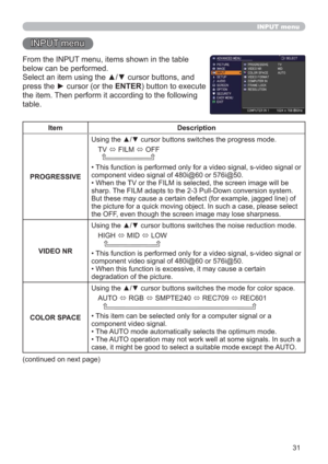 Page 3131
INPUT menu
INPUT menu
From the INPUT menu, items shown in the table 
below can be performed.
Select an item using the ▲/▼ cursor buttons, and 
press the ► cursor (or the ENTER) button to execute 
the item. Then perform it according to the following 
table.
Item Description
PROGRESSIVEUsing the ▲/▼ cursor buttons switches the progress mode.
TV 
 FILM 
 OFF
  
• This function is performed only for a video signal, s-video signal or 
component video signal of 480i@60 or 576i@50.
• When the TV or the...