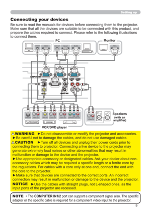 Page 99
Setting up
Connecting your devices
Be sure to read the manuals for devices before connecting them to the projector. 
Make sure that all the devices are suitable to be connected with this product, and 
prepare the cables required to connect. Please refer to the following illustrations 
to connect them.
►Do not disassemble or modify the projector and accessories.
►Be careful not to damage the cables, and do not use damaged cables.WARNING
►Turn off all devices and unplug their power cords prior to...