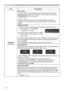 Page 4646
OPTION menu
Item Description
SERVICE
(continued)KEY LOCK
Using the ▲/▼ cursor buttons turns on/off the key lock feature. 
When the ON is selected, the buttons on the projector except the 
STANDBY/ON button are locked.
ON 
 OFF
• Please use this function to prevent tampering or accidental 
operation. This function does not have any effect on the remote 
control.
REMOTE FREQ.
(1)  Use the ▲/▼ cursor button to change the projector's remote 
sensor frequency setting (
4).
1:NORMAL 
 2:HIGH
(2)  Use...