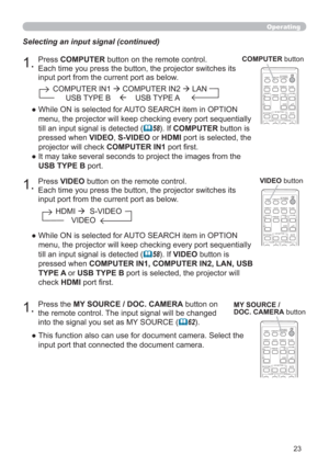 Page 2323
VIDEODOC.CAMERA
KEYSTONE
ASPECT
SEARCH
BLANK
MUTE
MY BUTTON
COMPUTERMY SOURCE/
AUTO
MAGNIFYPAGE
DOWN
ON
OFF
FREEZEUP
o
9×VOLUME

FOCUS
D-ZOOM
Operating
1.Press VIDEO button on the remote control.  
Each time you press the button, the projector switches its 
input port from the current port as below. Selecting an input signal (continued)
●   While ON is selected for AUTO SEARCH item in OPTION 
menu, the projector will keep checking every port sequentially 
till an input signal is detected (
58)....