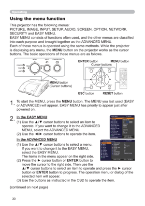 Page 3030
POSITION
ESCMENU
RESET
ENTER
Operating
1.To start the MENU, press the MENU button. The MENU you last used (EASY 
or ADVANCED) will appear. EASY MENU has priority to appear just after 
powered on.
Using the menu function
2.
(1)  Use the ▲/▼ cursor buttons to select an item to 
operate. If you want to change it to the ADVANCED 
MENU, select the ADVANCED MENU.
(2)  Use the ◄/► cursor buttons to operate the item. This projector has the following menus:  
PICTURE, IMAGE, INPUT, SETUP, AUDIO, SCREEN,...