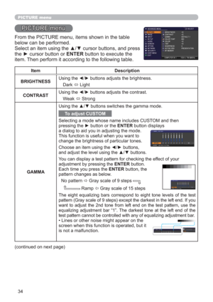 Page 3434
PICTURE menu
PICTURE menu
From the PICTURE menu, items shown in the table 
below can be performed. 
Select an item using the ▲/▼ cursor buttons, and press 
the ► cursor button or ENTER button to execute the 
item. Then perform it according to the following table.
Item Description
BRIGHTNESSUsing the 
◄/► buttons adjusts the brightness.
Dark 
 Light
CONTRASTUsing the 
◄/► buttons adjusts the contrast.
Weak 
 Strong
GAMMAUsing the ▲/▼ buttons switches the gamma mode.
To adjust CUSTOM
Selecting a mode...