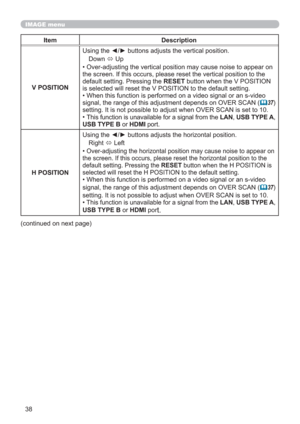 Page 3838
IMAGE menu
Item Description
V POSITIONUsing the ◄/► buttons adjusts the vertical position.
Down 
 Up
• Over-adjusting the vertical position may cause noise to appear on 
the screen. If this occurs, please reset the vertical position to the 
default setting. Pressing the RESET button when the V POSITION 
is selected will reset the V POSITION to the default setting.
• When this function is performed on a video signal or an s-video 
signal, the range of this adjustment depends on OVER SCAN (
37)...