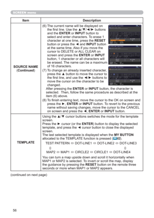 Page 5656
SCREEN menu
Item Description
SOURCE NAME
(Continued)
(6)  The current name will be displayed on 
the ﬁrst line. Use the ▲/▼/◄/► buttons 
and the ENTER or INPUT button to 
select and enter characters. To erase 1 
character at one time, press the RESET 
button or press the ◄ and INPUT button 
at the same time. Also if you move the 
cursor to DELETE or ALL CLEAR on 
screen and press the ENTER or INPUT 
button, 1 character or all characters will 
be erased. The name can be a maximum 
of 16 characters.
(7)...