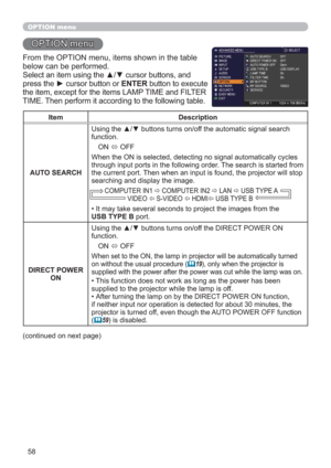 Page 5858
OPTION menu
OPTION menu
From the OPTION menu, items shown in the table 
below can be performed.
Select an item using the ▲/▼ cursor buttons, and 
press the ► cursor button or ENTER button to execute 
the item, except for the items LAMP TIME and FILTER 
TIME. Then perform it according to the following table.
Item Description
AUTO SEARCH
Using the ▲/▼ buttons turns on/off the automatic signal search 
function.
ON 
 OFF
When the ON is selected, detecting no signal automatically cycles 
through input...