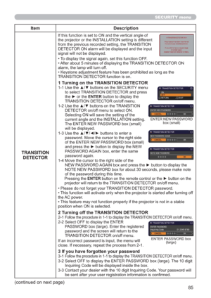 Page 8585
SECURITY menu
Item Description
TRANSITION 
DETECTOR
If this function is set to ON and the vertical angle of
the projector or the INSTALLATION setting is different
from the previous recorded setting, the TRANSITION
DETECTOR ON alarm will be displayed and the input
signal will not be displayed.
• To display the signal again, set this function OFF.
• After about 5 minutes of displaying the TRANSITION DETECTOR ON 
alarm, the lamp will turn off.
• Keystone adjustment feature has been prohibited as long as...