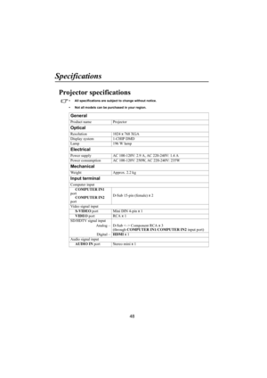 Page 4948
Specifications
Projector specifications
• All specifications are subject to change without notice.
• Not all models can be purchased in your region.
General
Product nameProjector
Optical
Resolution 1024 x 768 XGA
Display system 1-CHIP DMD
Lamp 196 W lamp
Electrical
Power supplyAC 100-120V: 2.9 A, AC 220-240V: 1.4 A
Power consumption AC 100-120V: 250W, AC 220-240V: 235W
Mechanical
Weight Approx. 2.2 kg
Input terminal
Computer input
     COMPUTER IN1  
port
      COMPUTER IN2  
port D-Sub 15-pin...