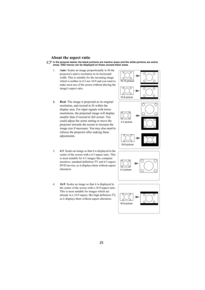 Page 2625
About the aspect ratio
In the pictures below, the black portions are inactive areas and the white portions are active 
areas. OSD menus can be displayed on those unused black areas.
1.Auto: Scales an image proportionally to fit the 
projectors native resolution in its horizontal 
width. This is suitable for the incoming image 
which is neither in 4:3 nor 16:9 and you want to 
make most use of the screen without altering the 
images aspect ratio.
2.
Real: The image is projected as its original...