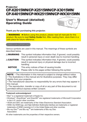Page 11
Projector
User's Manual (detailed)  
Operating Guide
Thank you for purchasing this projector.
►Before using this product, please read all manuals for this 
product. Be sure to read Safety Guide ﬁrst. After reading them, store them in a 
safe place for future reference.WARNING
• The information in this manual is subject to change without notice.
• The illustrations in this manual are for illustrative purposes. They may differ 
slightly from your projector.
• The manufacturer assumes no...
