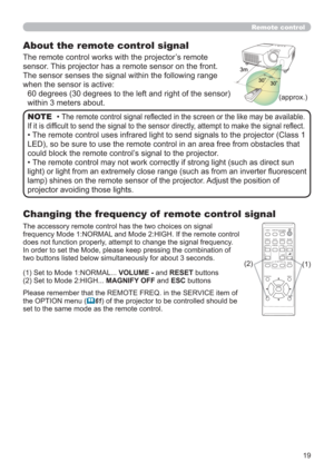 Page 1919 (approx.)
About the remote control signal
The remote control works with the projector’s remote 
sensor. This projector has a remote sensor on the front.
The sensor senses the signal within the following range 
when the sensor is active:
60 degrees (30 degrees to the left and right of the sensor) 
within 3 meters about.
• The remote control signal reﬂected in the screen or the like may be available. 
If it is difﬁcult to send the signal to the sensor directly, attempt to make the signal reﬂect.
• The...