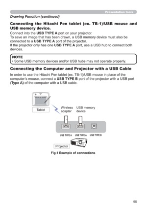 Page 9595
Presentation tools
Connect into the USB TYPE A port on your projector.
To save an image that has been drawn, a USB memory device must also be 
connected to a USB TYPE A port of the projector.
If the projector only has one USB TYPE A port, use a USB hub to connect both 
devices.
Connecting the Hitachi Pen tablet (ex. TB-1)/USB mouse and 
USB memor y device.
In order to use the Hitachi Pen tablet (ex. TB-1)/USB mouse in place of the 
computer’s mouse, connect a USB TYPE B port of the projector with a...