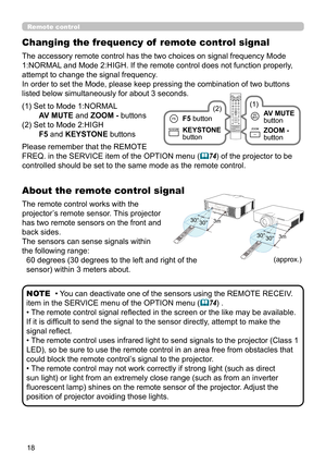 Page 1818
30°3m30°
30°30°3m
(approx.)
About the remote control signal
The remote control works with the 
projector’s remote sensor. This projector 
has two remote sensors on the front and 
back sides.
The sensors can sense signals within 
the following range:
60 degrees (30 degrees to the left and right of the 
sensor) within 3 meters about.
• You can deactivate one of the sensors using the REMOTE RECEIV. 
item in the SERVICE menu of the OPTION menu (
74) .
• The remote control signal reflected in the screen...