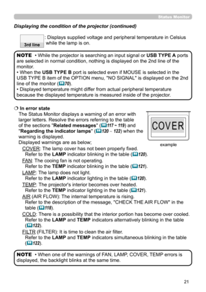 Page 2121
Status  Monitor  
  In error state 
The Status Monitor displays a warning of an error with 
larger letters. Resolve the errors referring to the table 
of the sections "Related messages " (
117 ~ 119) and 
"Regarding the indicator lamps " (
120 ~ 122) when the 
warning is displayed.  
Displayed warnings are as below;
COVER: The lamp cover has not been properly fixed.  
Refer to the LAMP indicator blinking in the table  (
120).
FA N : The cooing fan is not operating.  
Refer to the...