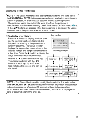 Page 2323
AC240V35°C
7FILTERERRO
1PREVIOUS
  To display error history 
Press the ▲ button to display previous error 
log. If a warning has been displayed, the 
first previous error log is the present error 
currently occurring. The Status Monitor 
displays the log number, occurred error, the 
supplied voltage and peripheral temperature 
at that time. Press the  ► button to display the 
usage time when each error occurred. 
Use the ▲/▼ buttons to switch the log. 
The display switches with the ◄/► 
buttons at...