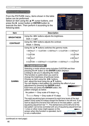 Page 4646
PICTURE menu
PICTURE menu
From the PICTURE menu, items shown in the table 
below can be performed. 
Select an item using the ▲/▼ cursor buttons, and 
press the ► cursor button or ENTER button to 
execute the item. Then perform it according to the 
following table.
ItemDescription
BRIGHTNESS Using the 
◄/► buttons adjusts the brightness.
Dark  ó Light
CONTRAST Using the 
◄/► buttons adjusts the contrast.
Weak  ó Strong
GAMMA Using the ▲/▼ buttons switches the gamma mode.
To adjust CUSTOM
Selecting a...