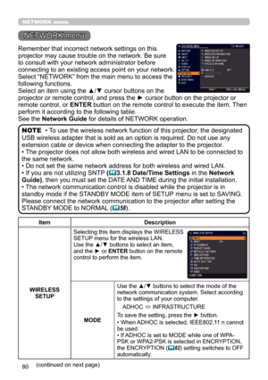 Page 8080
NETWORK menu
Remember that incorrect network settings on this 
projector may cause trouble on the network. Be sure 
to consult with your network administrator before 
connecting to an existing access point on your network.
Select “NETWORK” from the main menu to access the 
following functions. 
Select an item using the ▲/▼ cursor buttons on the 
projector or remote control, and press the ► cursor button on the projector or 
remote control, or ENTER button on the remote control to execute the item....