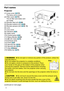 Page 44
Introduction
Part names
Projector
(1) Lamp cover (
11 2)
The lamp unit is inside. 
(2) Filter cover (
11 4 )
The air fi lter and intake vent 
are inside.
(3) Elevator feet (x2) (
28)
(4) Elevator buttons (x2) (
28)
(5) Remote sensors (x2) (
18, 74)
(6) Lens
(7) Lens cover
(8) Indicators (
5)
(9) Intake vents
(10) Control panel (
5)
(11)  Status Monitor (
20)
(12) AC (AC inlet) (
16)
(13) Exhaust vents
(14) Ports (
5)
(15) Security bar (
15)
(16) Security slot (
15)
(17) Grip (
below)
(18)...