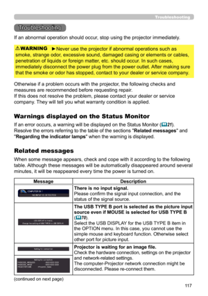 Page 11711 7
Troubleshooting
Troubleshooting
If an abnormal operation should occur, stop using the projector immediately.
Otherwise if a problem occurs with the projector, the following checks and 
measures are recommended before requesting repair. 
If this does not resolve the problem, please contact your dealer or service 
company. They will tell you what warranty condition is applied.
►Never use the projector if abnormal operations such as 
smoke, strange odor, excessive sound, damaged casing or elements or...