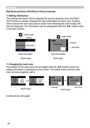 Page 3838
Operating
PbyP (Picture by Picture) / PinP (Picture in Picture) (continued)
The position of the main area can be toggled with the ◄/► buttons when the 
setting information is displayed on the screen. The yellow frame and the audio 
mark will move together with it.   Changing the main area
main 
area sub 
areamain  area
sub 
area
The setting information will be appeared for several seconds when the PbyP  / 
PinP function is started. Displays the input information for each area. A yellow 
frame around...