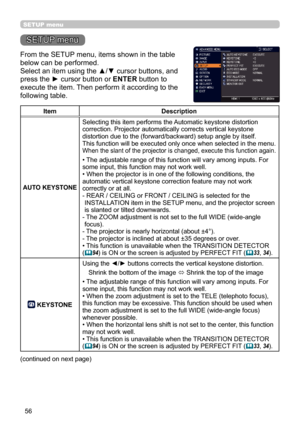 Page 5656
SETUP menu
ItemDescription
AUTO KEYSTONE Selecting this item performs the Automatic keystone distortion 
correction. Projector automatically corrects vertical keystone 
distortion due to the (forward/backward) setup angle by itself.
This function will be executed only once when selected in the menu. 
When the slant of the projector is changed, execute this function again.
• The adjustable range of this function will vary among inputs. For 
some input, this function may not work well.
• When the...